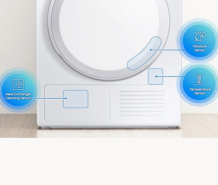 Detailansicht eines weißen Wäschetrockners mit hervorgehobenen Feuchtigkeits- und Temperatursensoren. Zu sehen ist der Samsung-Wärmepumpentrockner »DV91TA040AE/EG«.