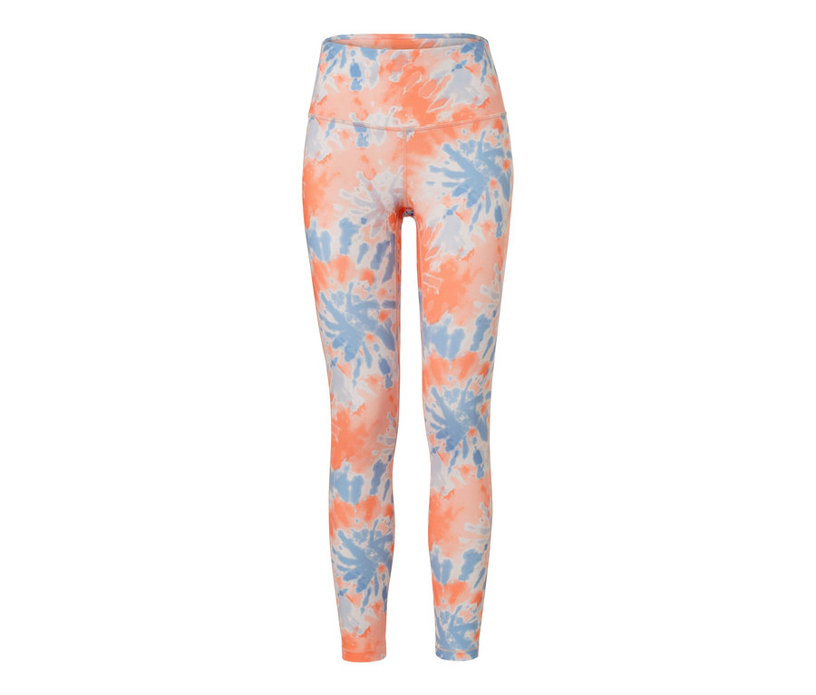 Detailaufnahme der 7/8-Sporttight in Orange-Blau mit Batikmuster für Damen.