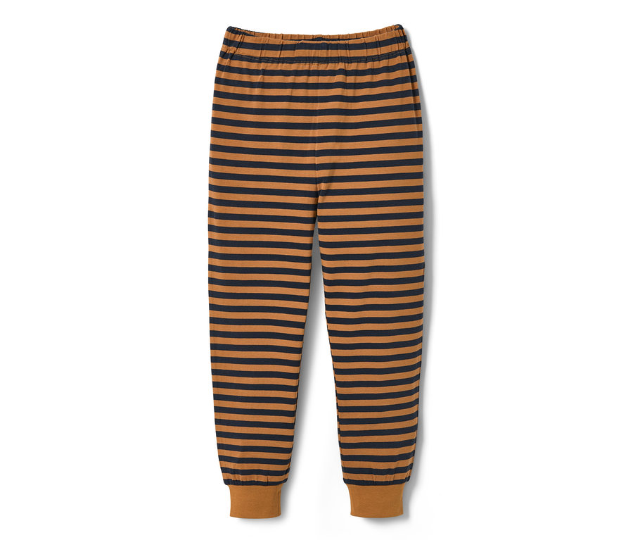 Blau-braune Pyjamahose mit horizontalen Streifen.