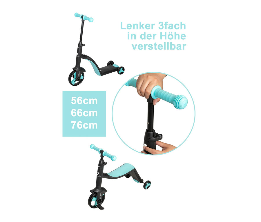 Schwarzes LA Sports 3-in-1-Laufrad mit türkisen Details.