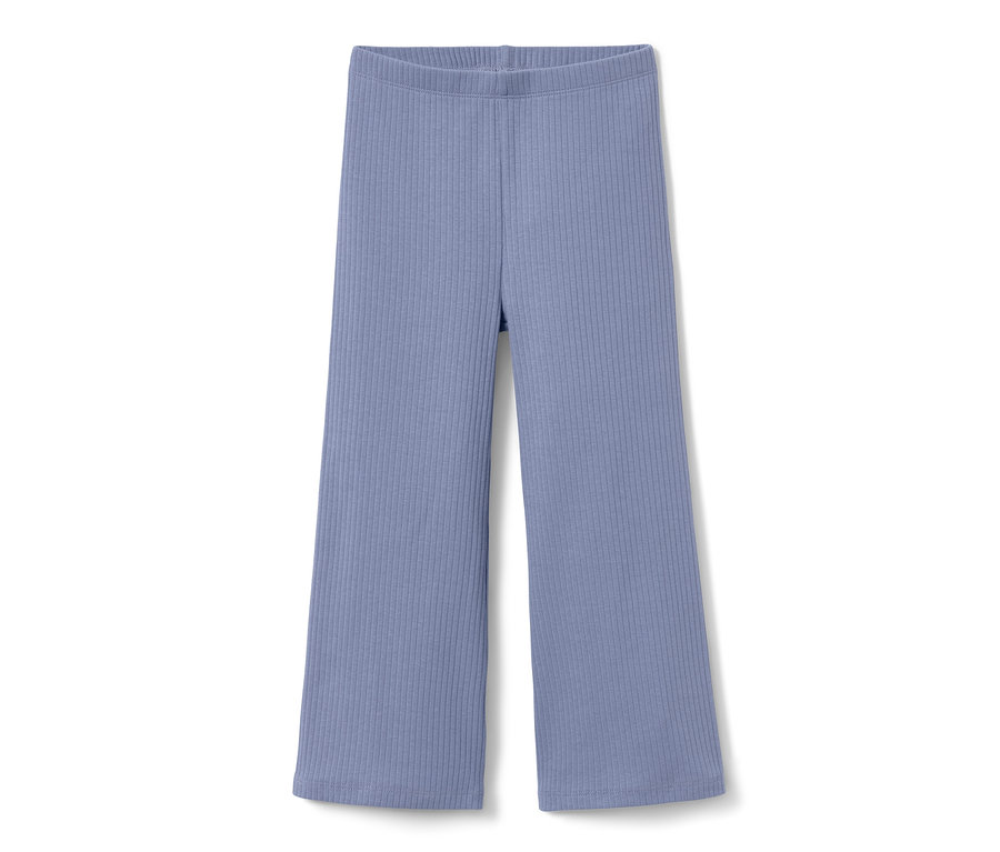 Eine lilafarbene Kleinkind-Rippenleggings mit Schlag auf einem weißen Hintergrund.