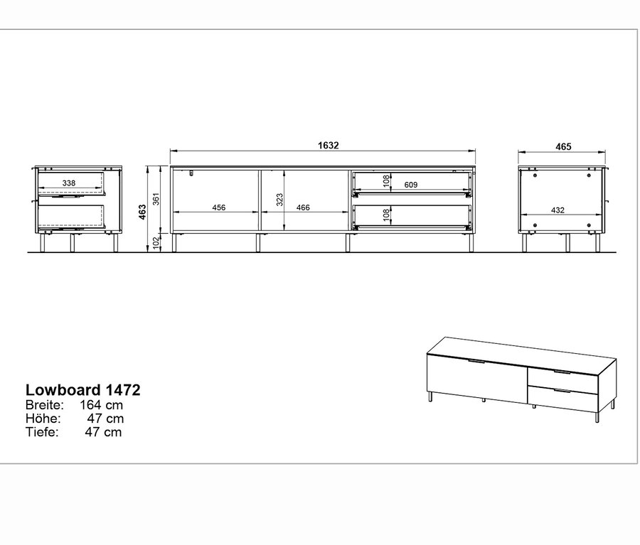 Technische Zeichnung des Lowboards "CALIFORNIA" in Graphit mit Maßangaben.