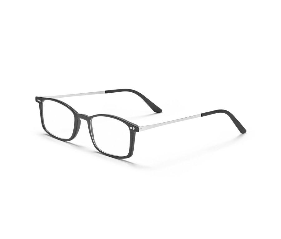 Schwarze Lesebrille mit dünnen silbernen Bügeln auf weißem Hintergrund.