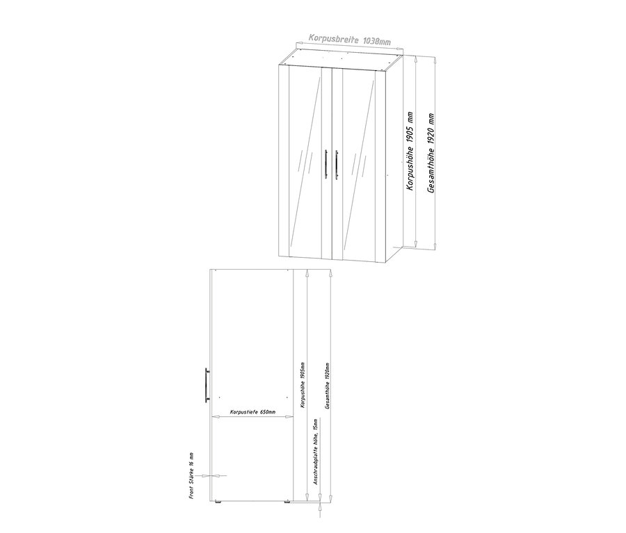 Skizze einer weißen Respekta® Economy Schrankküche mit Kochmulde.