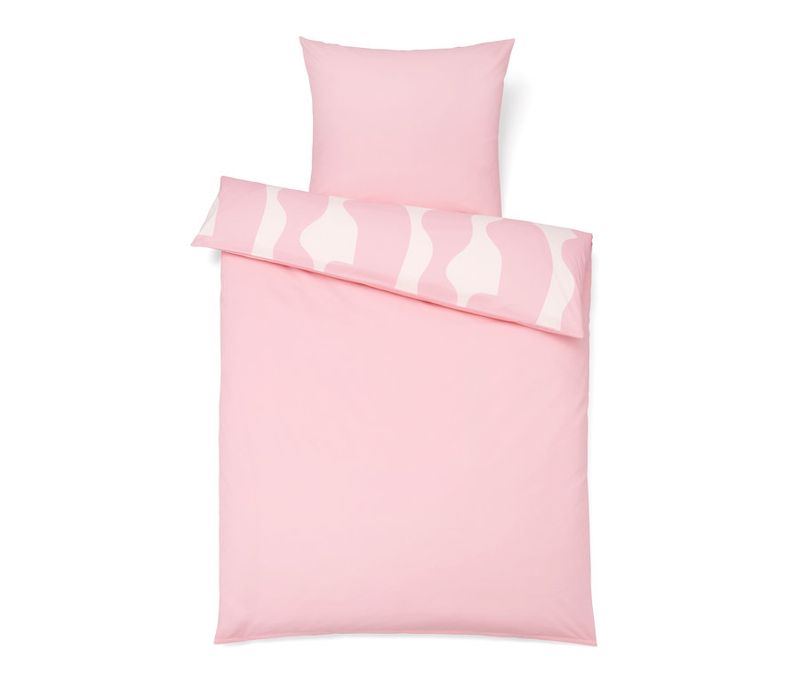 Rosa Premium-Baumwoll-Bettwäsche, Doppelgröße, mit weißem Muster und Kissen.