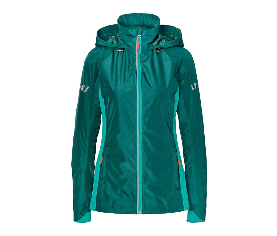 Grüne Velo-Regenjacke.
