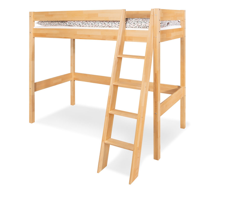 Ein Hochbett aus hellem Holz mit einer Leiter. Zu sehen ist das Pinolino Hochbett »Enno« aus Massivholz, ca. 90 x 200 cm.