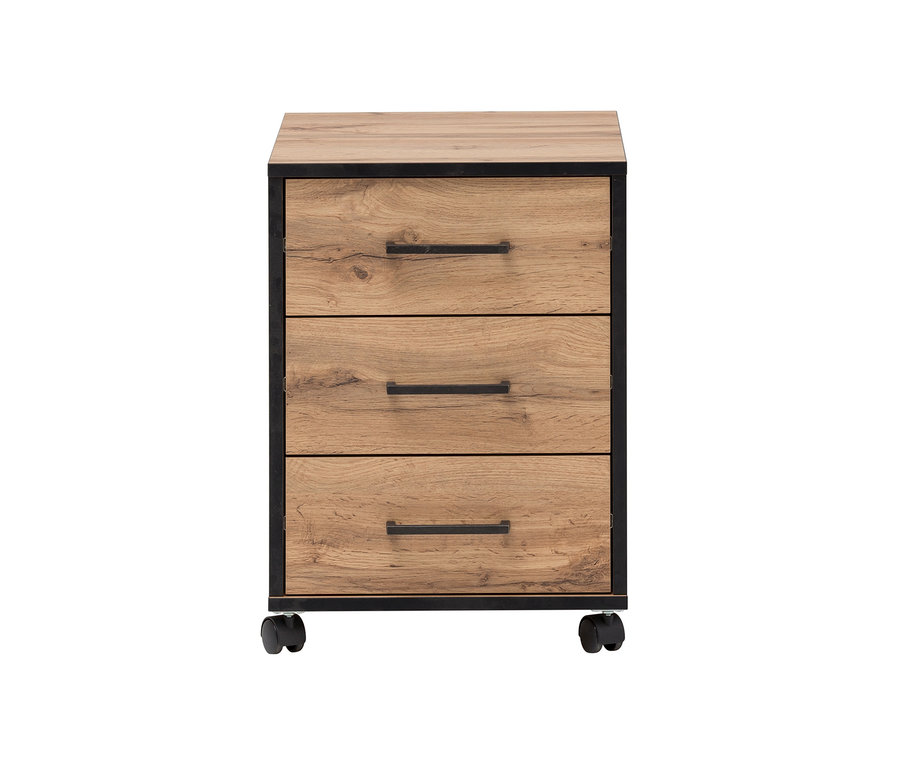 Ein Rollcontainer »2000« mit drei Schubladen in Holzoptik und schwarzem Rahmen.