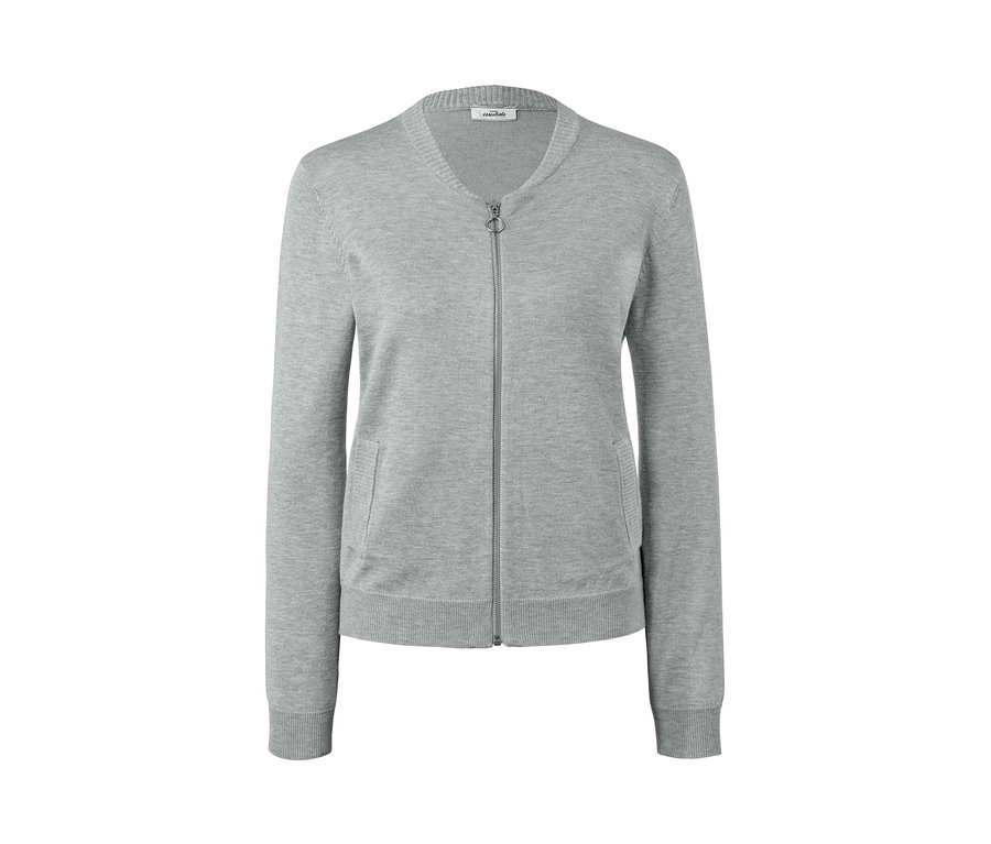 Graue Strickjacke mit Reißverschluss.