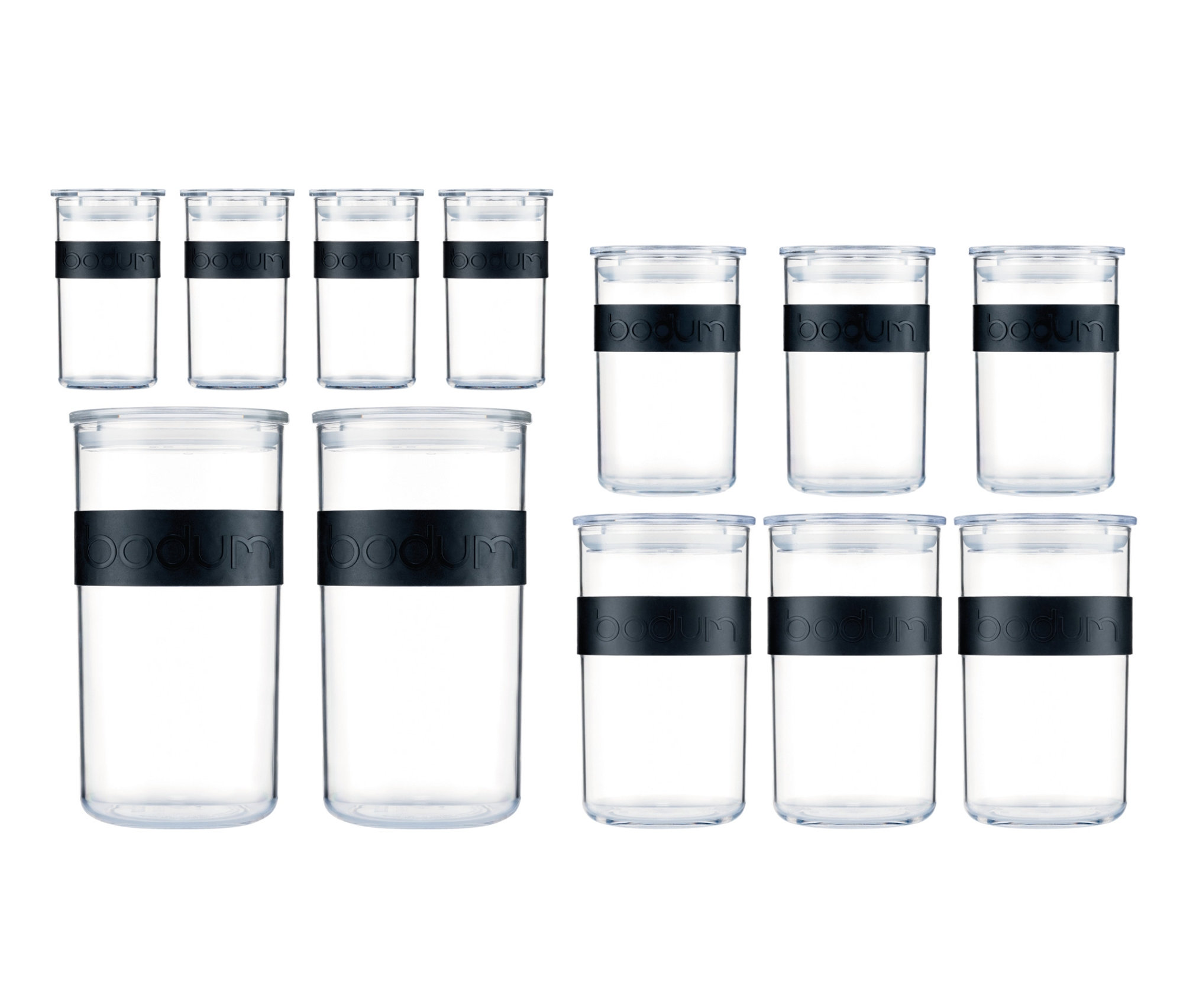Ein Set aus zwölf BODUM® Vorratsgläsern mit Deckeln und Silikonbändern.
