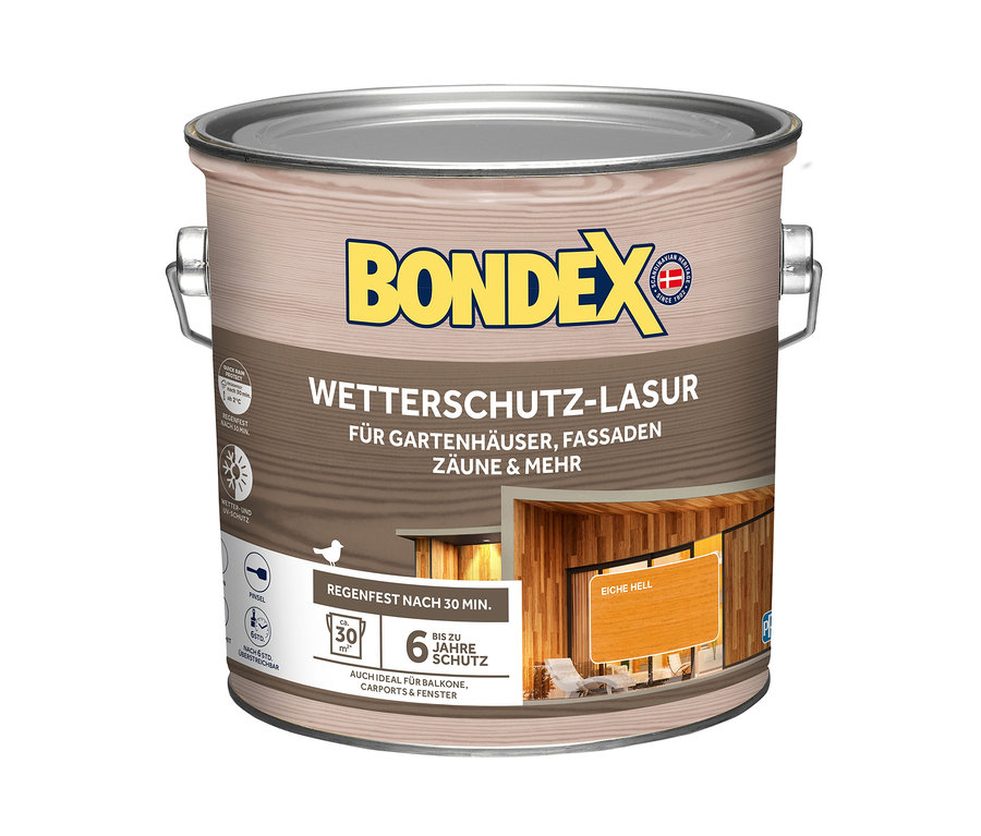 Eimer Bondex Wetterschutz-Lasur, 2,5 l, inkl. Flachpinsel, eiche hell.