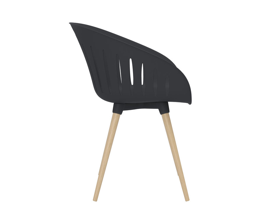 Detailansicht eines anthrazitfarbenen Schalenstuhls mit Armlehne und hellen Holzbeinen auf weißem Hintergrund.