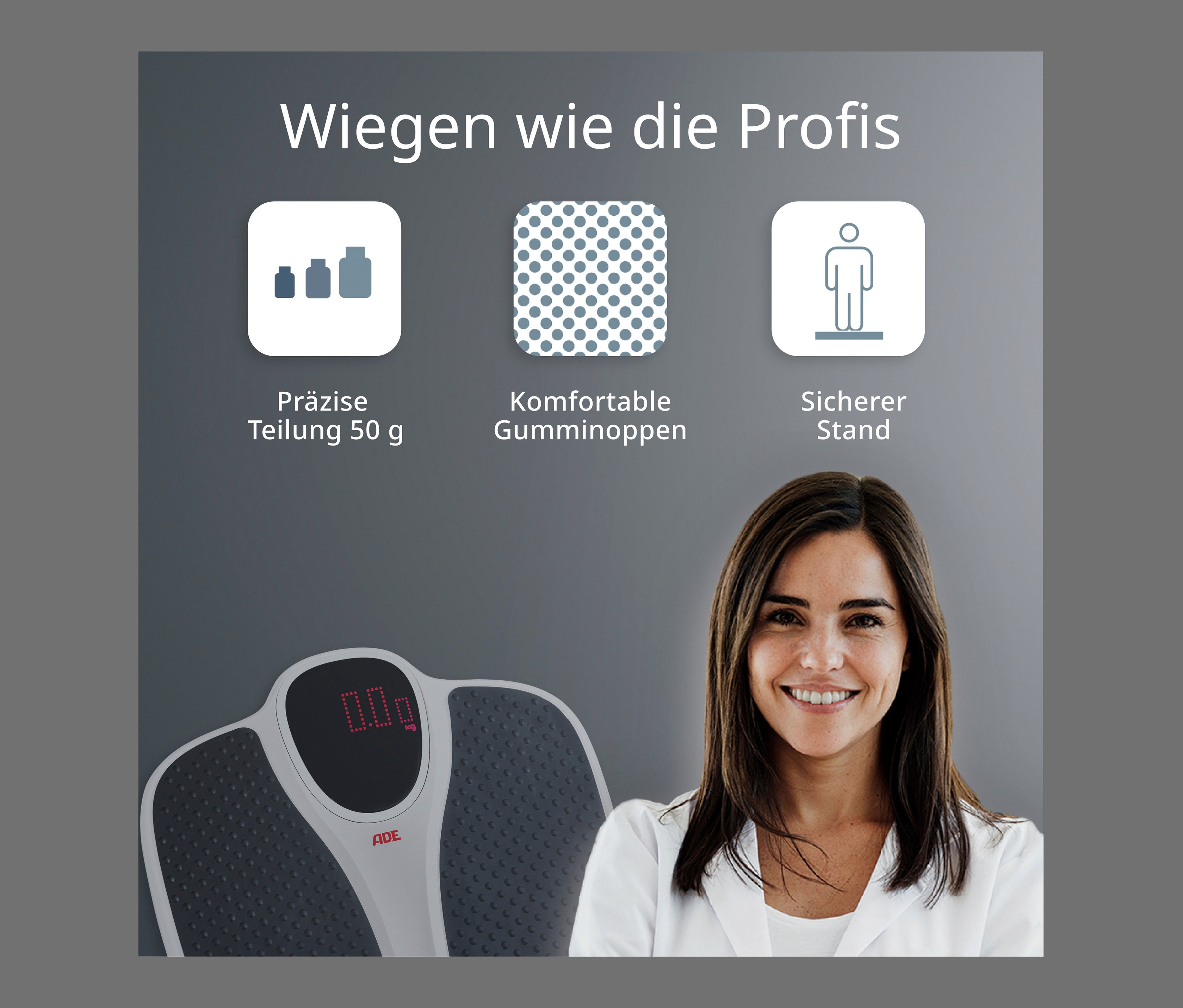 Frau steht neben ADE Digitaler Personenwaage.