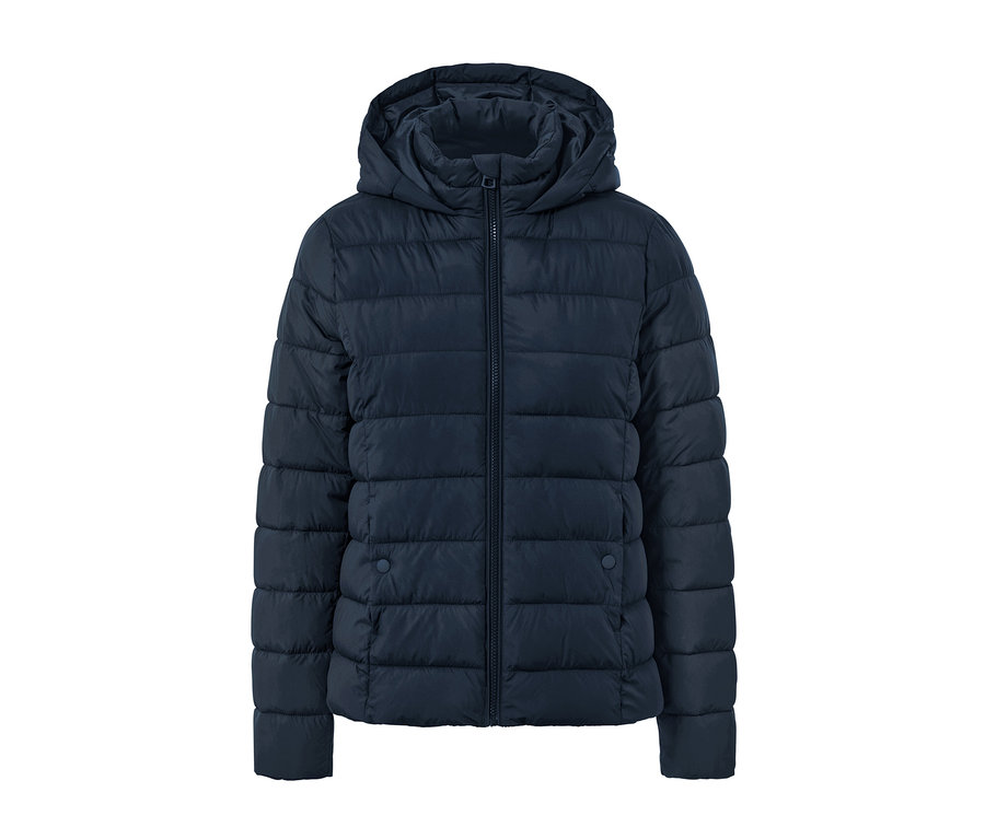 Dunkelblaue Steppjacke mit Kapuze.