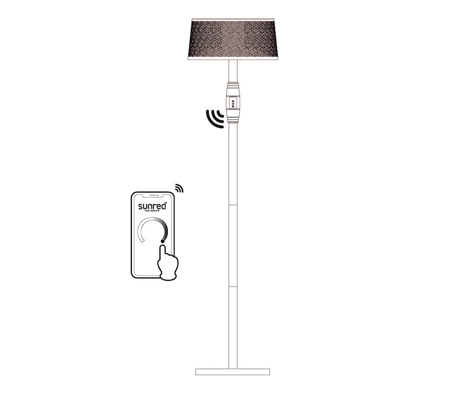 Illustration eines Sunred® Smarter Stand-Heizstrahlers Artix Moderna Ultra Standing Black 2.000 und einer Hand, die die Temperatur auf einem Telefon einstellt.