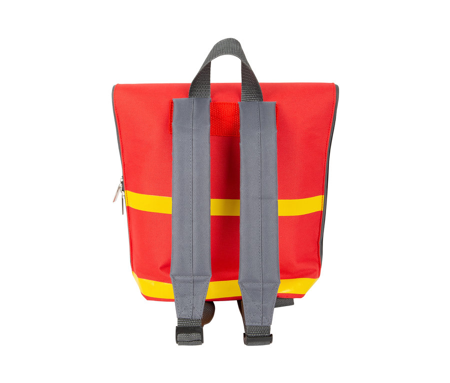 Roter Rucksack mit gelben Streifen und grauen Trägern. small foot Notarzt-Rucksack
