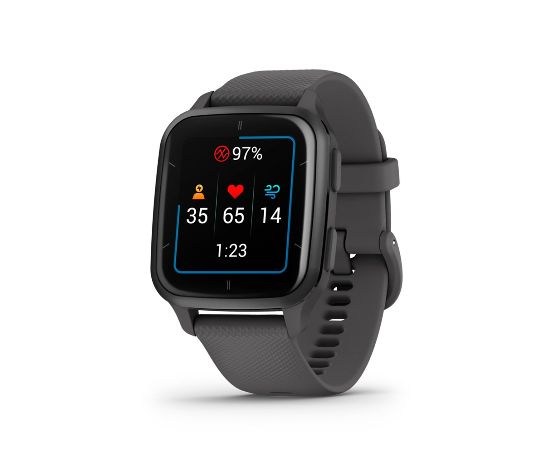Detailaufnahme einer grauen Smartwatch mit schwarzem Rahmen, die Gesundheitsdaten auf dem Display anzeigt. GARMIN Venu SQ2, grau