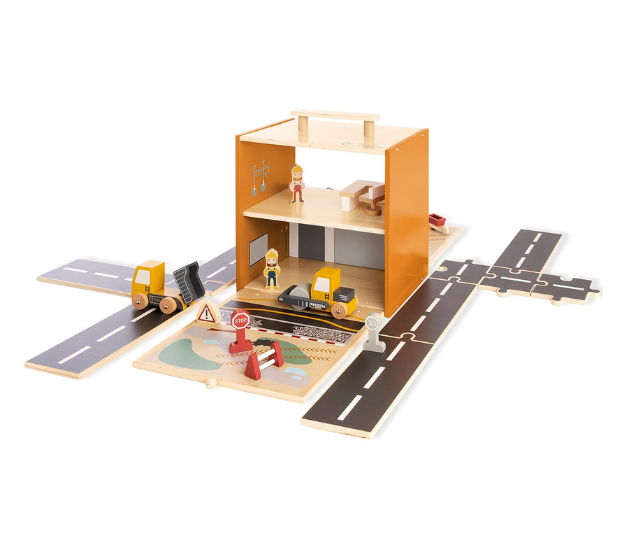 Ausgebreitetes Pinolino Spielwelt »Baustelle Gustav« Spielset aus Holz mit Gebäude, Straßen, Fahrzeugen und Figuren.