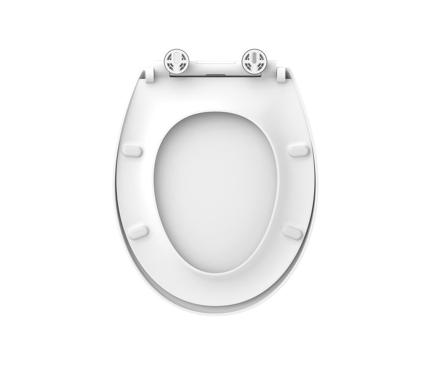 Detailaufnahme eines weißen Duroplast WC-Sitzes mit LED-Nachtlicht von oben auf einem weißen Hintergrund.