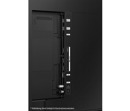 Detailansicht der Rückseite eines schwarzen Samsung 4K Crystal UHD Fernsehers, die Anschlussports zeigt.