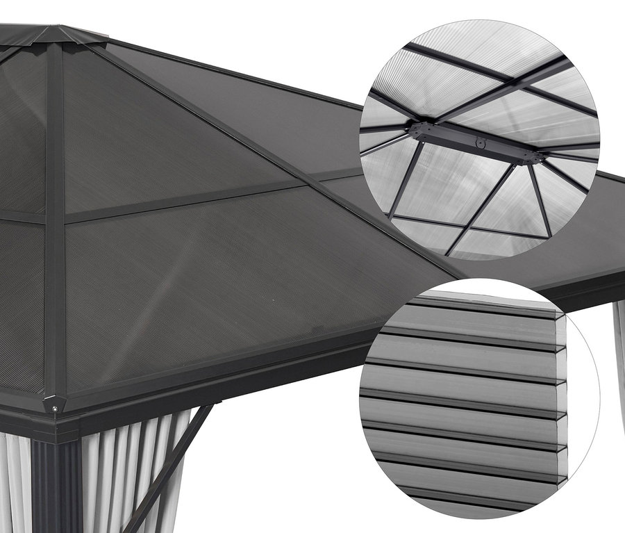 Detailansicht eines Leco Pavillons mit Seitenwänden, 6-mm-HKP.