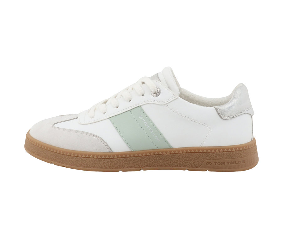 Weiß-mintfarbener Tom Tailor Sneaker aus PU mit brauner Sohle.