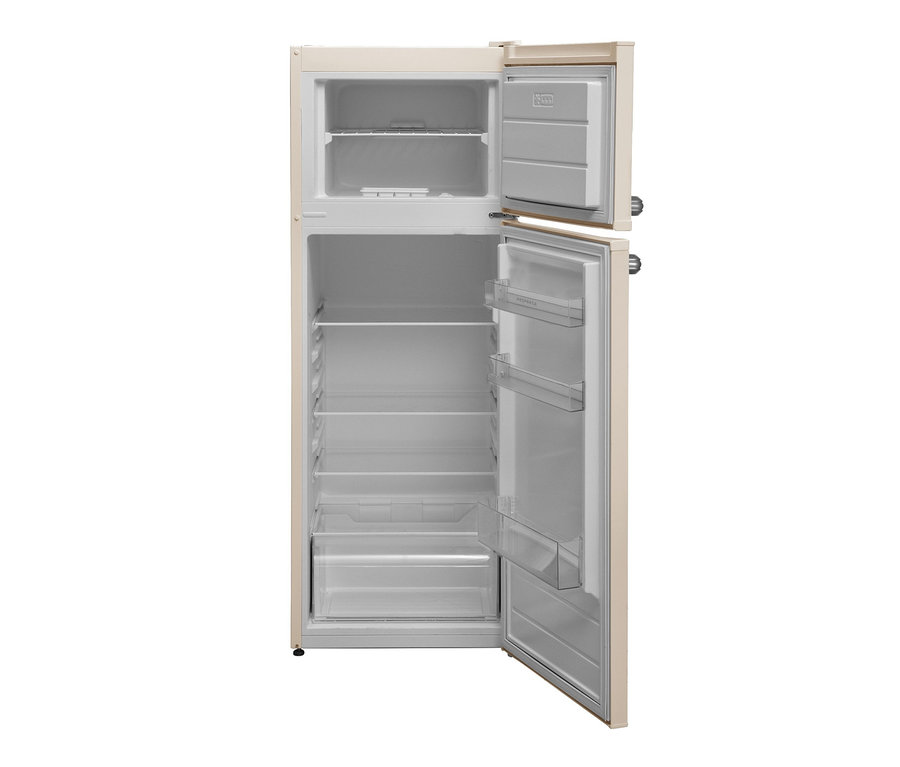 Geöffneter Respekta KS144VC Kühl-Gefrierkombination in Vintage Cream.