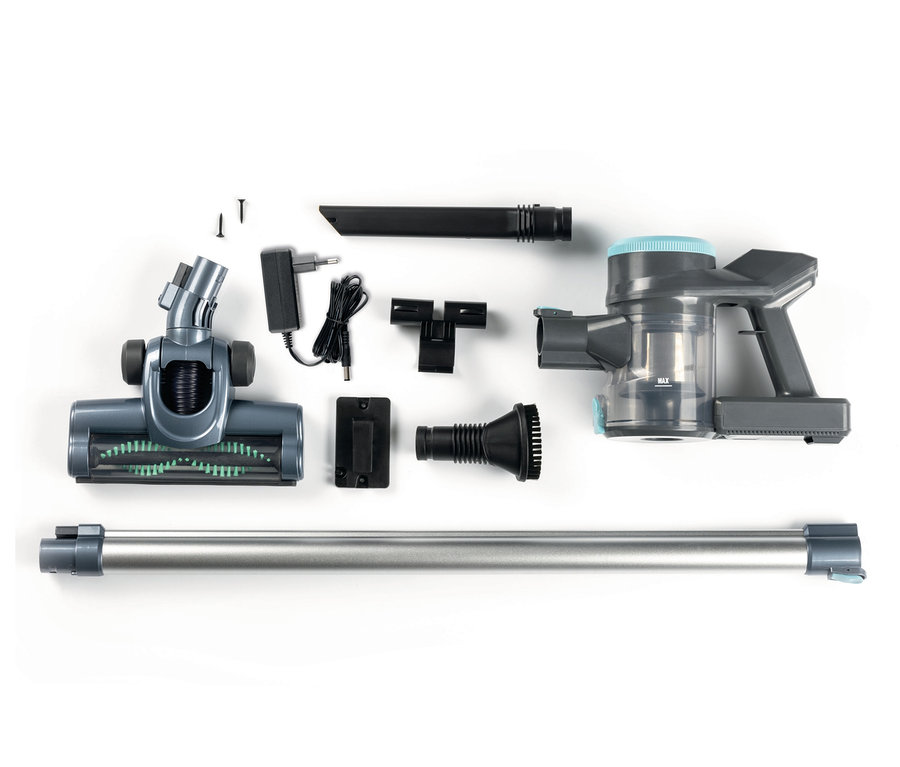 Ein zerlegter Akku-Hand- und Bodenstaubsauger mit Zubehör auf weißem Hintergrund.