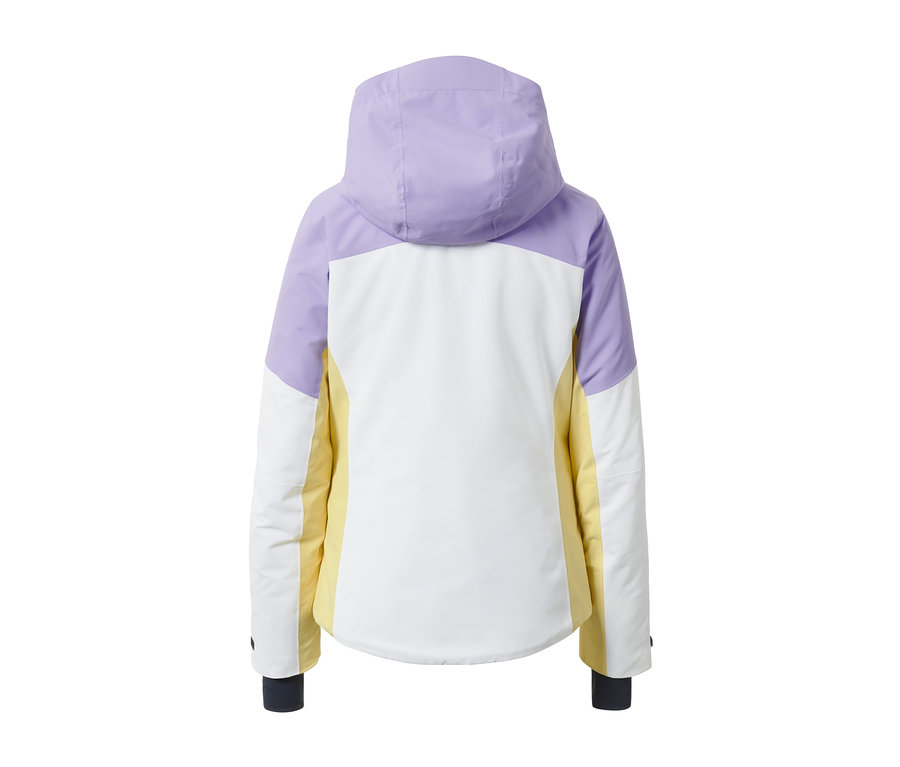Rückansicht einer lila-weiß-gelben Skijacke.