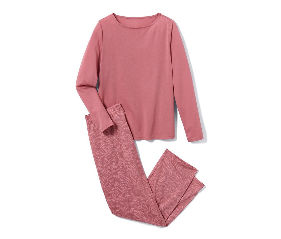 Rosa Jersey-Pyjama mit langen Ärmeln und gemusterter Hose.