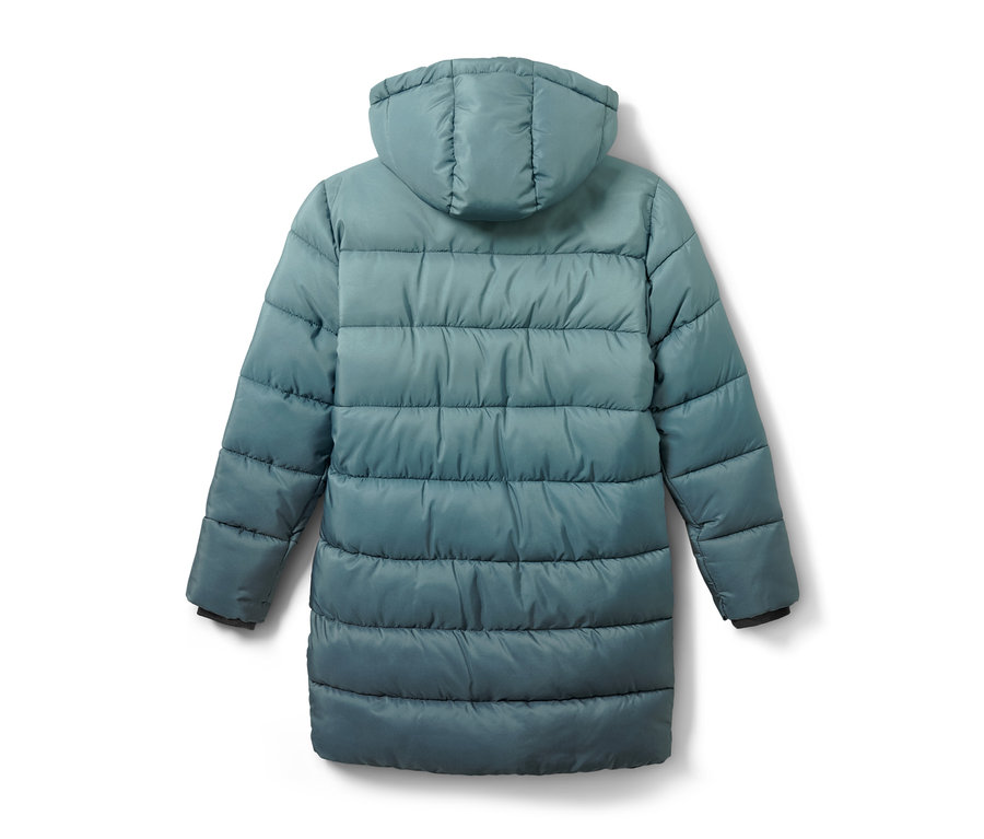 Blauer Kinder-Thermomantel mit Kapuze von hinten.