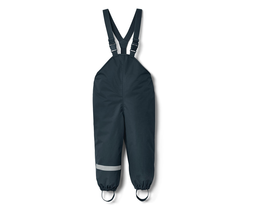 Dunkelblaue Kleinkind-Regenhose mit Latz und Reflexstreifen am Hosenbein.