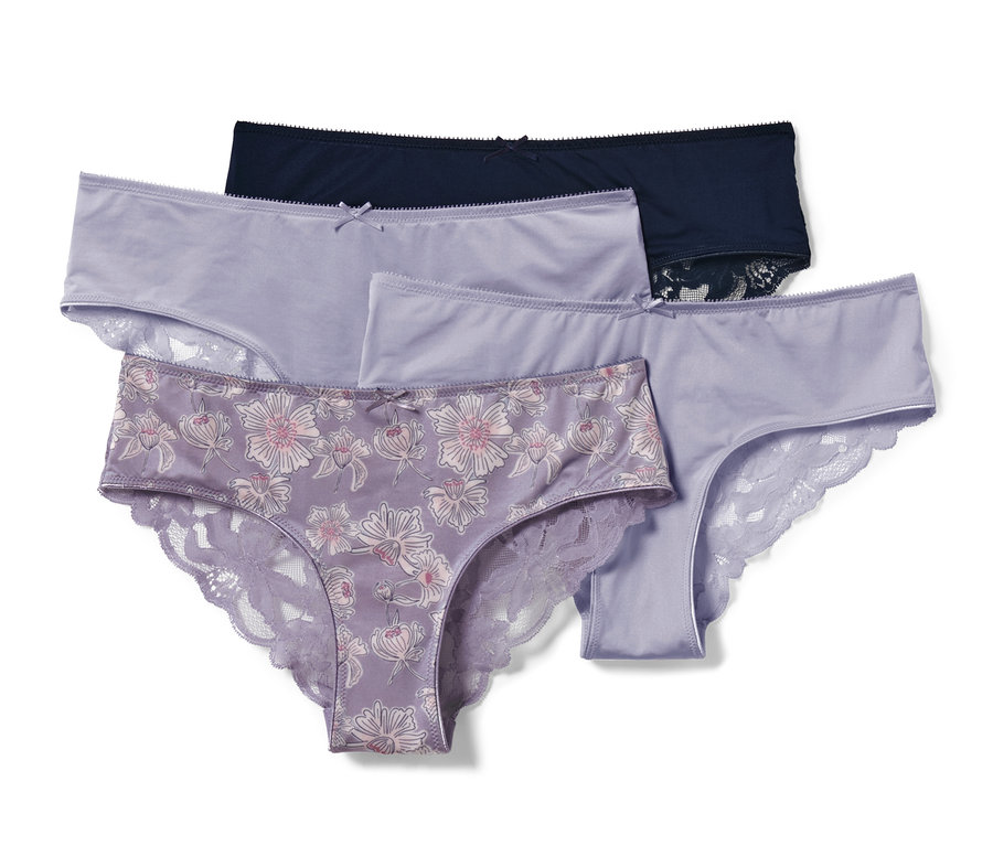 Vier Brazilslips in verschiedenen Farben (blau und lila) mit Spitze.