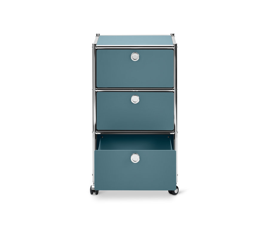 Basaltblauer Rollcontainer »CN3« mit 3 Schubladen, eine Schublade ist geöffnet.