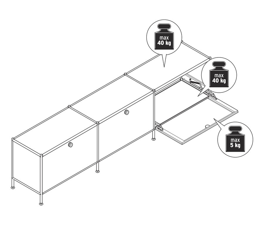 Eine schematische Darstellung eines Lowboards Metall »CN3« mit 3 Klappenfächern, wobei eine Klappe geöffnet ist.