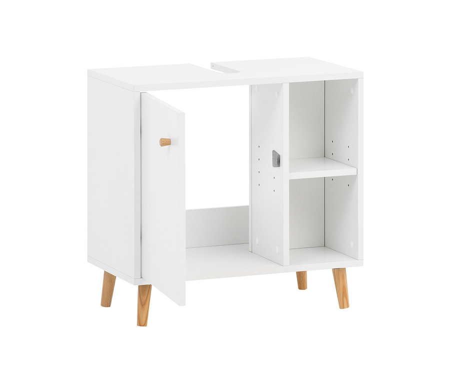 Weißer Waschbeckenunterschrank »Bjarne« mit offener Tür und Regalen.