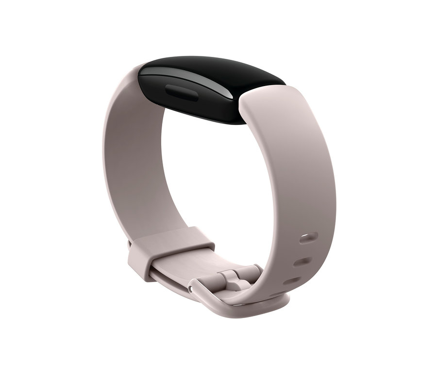 Nahaufnahme des Fitbit Inspire 2 Fitness Trackers in Mondweiß/Schwarz.