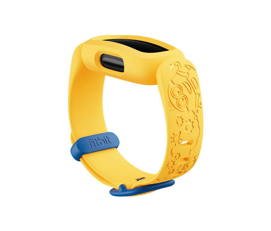 Gelber Fitbit Ace 3 Kids Aktivitäts-Tracker mit blauem Band.
