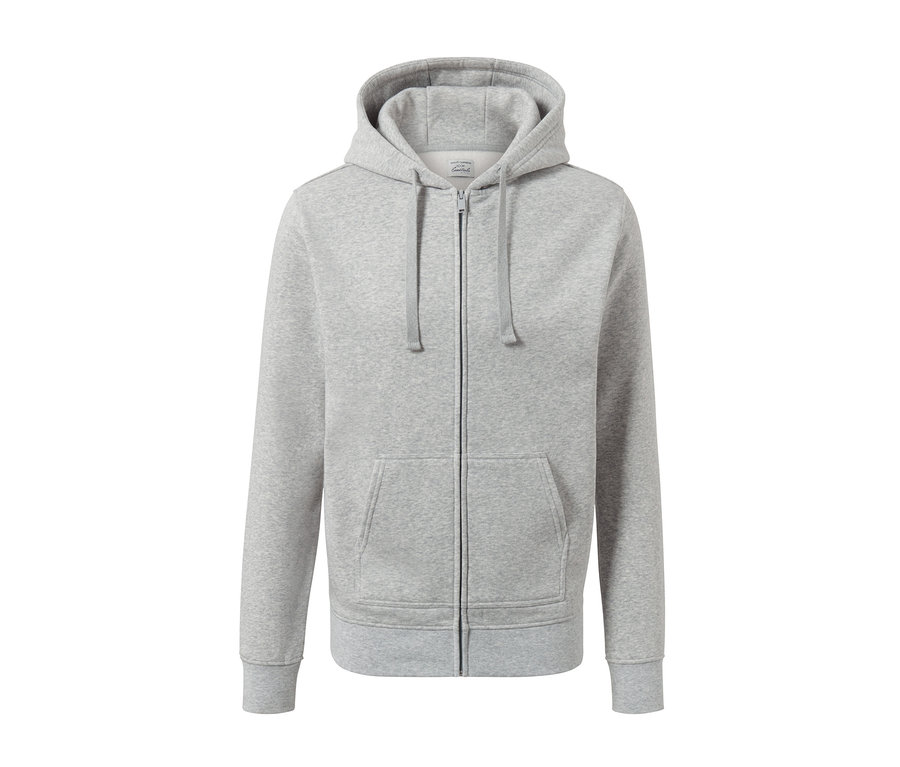 Graue Kapuzenjacke mit Reißverschluss in der Mitte.