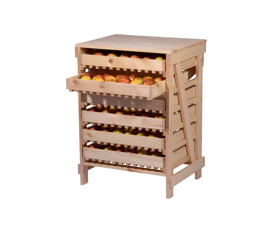 Dobar Vorratsregal aus Holz mit Äpfeln in ausziehbaren Schubladen.