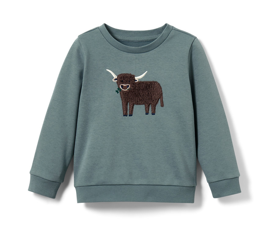 Kleinkind-Sweater in Grün mit braunem schottischem Hochlandrind mit weißen Hörnern.