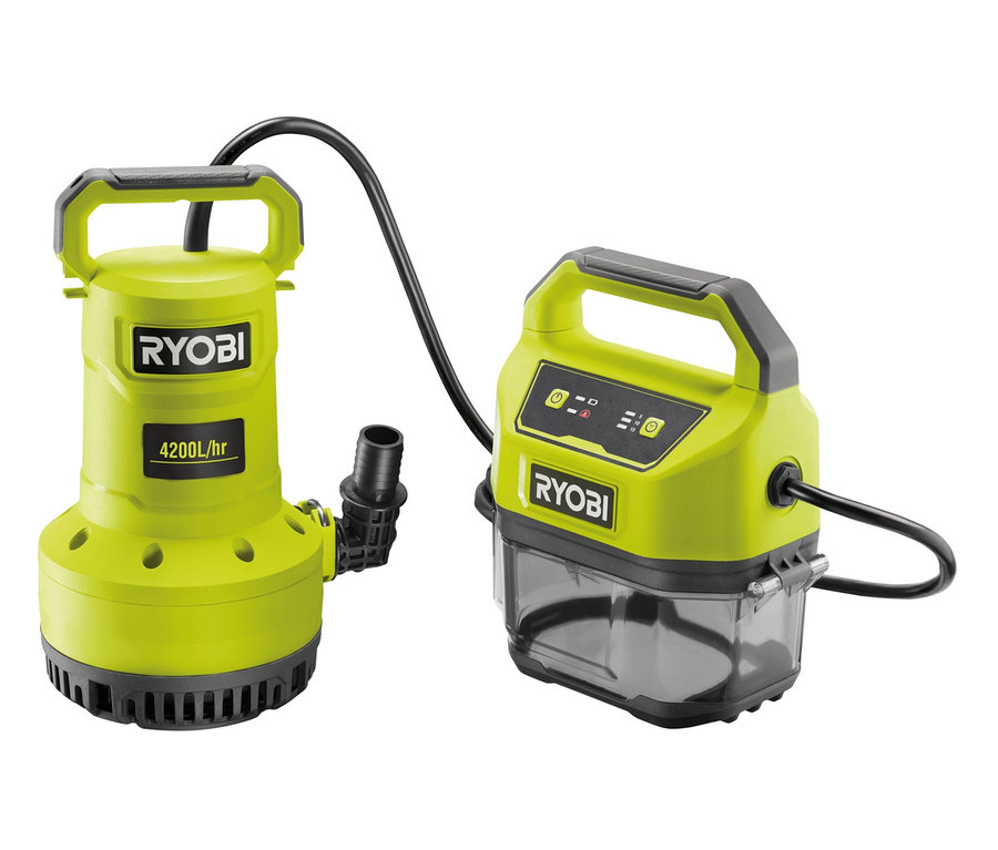 Zwei grüne RYOBI 18 V One+ Akku-Tauchpumpen ohne Akku und Ladegerät vor einem weißen Hintergrund.