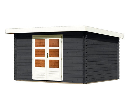 Abbildung des Karibu Gartenhauses Barne 7 mit 28mm Wänden und einer weißen Tür.