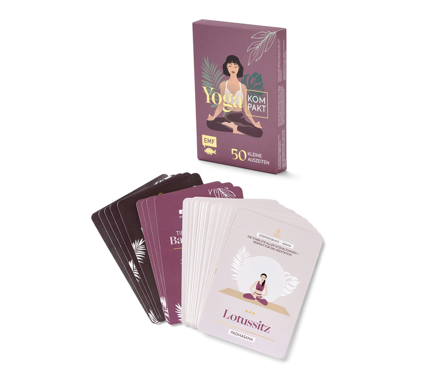 Ein Yoga-Karten-Set und aufgefächerte Karten.