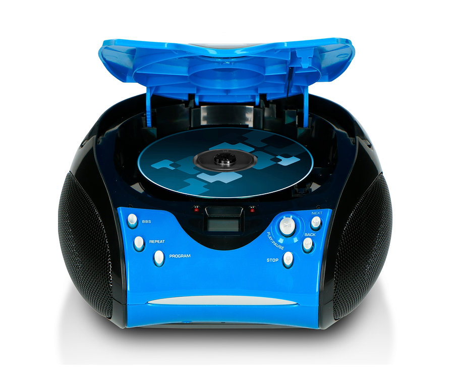 Blauer Lenco SCD-24 Boombox CD-Player mit Radio und geöffnetem CD-Fach.