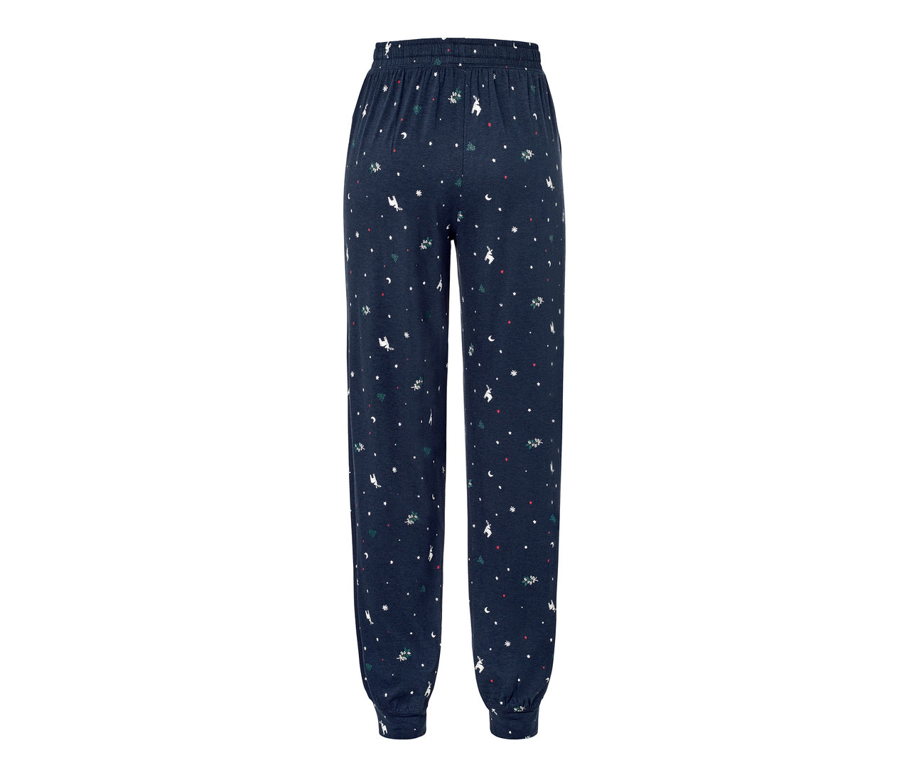 Eine dunkelblaue Pyjamahose mit Weihnachtsmuster.
