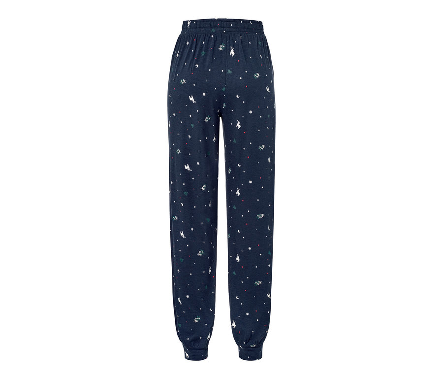 Eine dunkelblaue Pyjamahose mit Weihnachtsmuster.