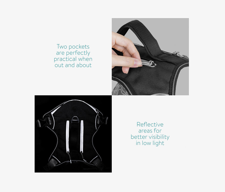 Schwarzes Navaris Hundegeschirr mit Reflektoren und Taschen.