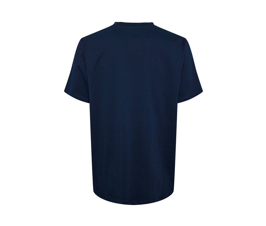 Dunkelblaues T-Shirt mit Stickerei.