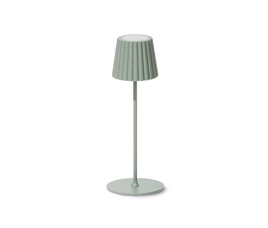 Eine salbeifarbene LED-Akku-Tischleuchte.